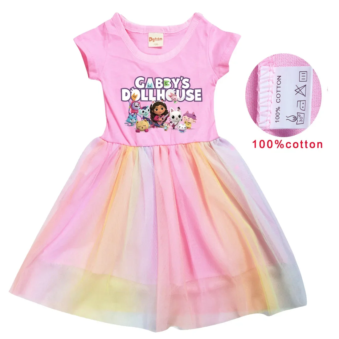 Gabby Doolhouse Clothes Kids Anime Gabby Chat Rainbow Gauze Skirt Baby Girl Princess Dresses Children Wedding Party Knee-Length