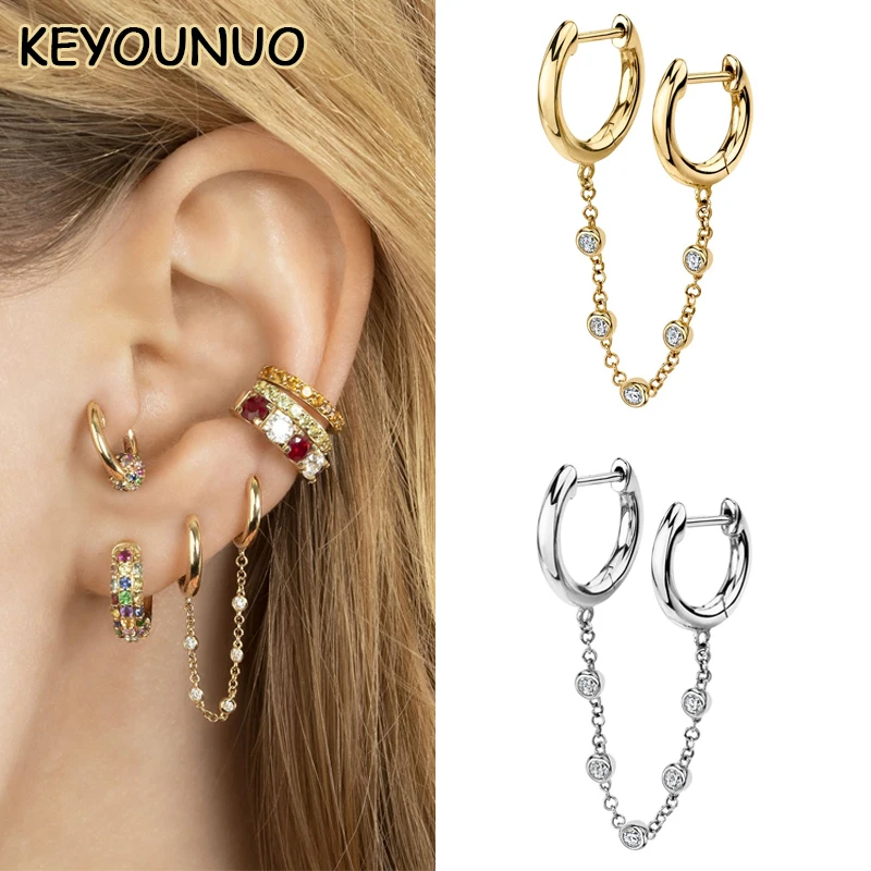 

KEYOUNUO 1Pcs Gold Silver Filled CZ Double Hoop Earrings For Women Zircon Piercing Golden Chain Earring Jewelry Pendientes