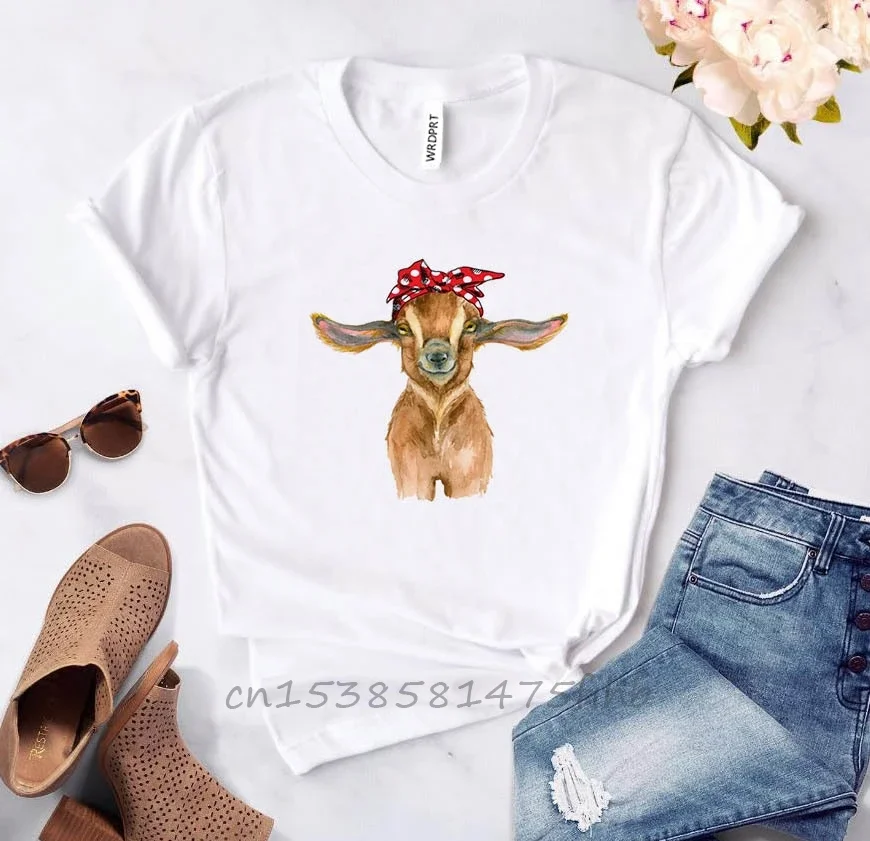 Bandana Goat Print Women Tshirt No Fade Premium Casual Funny T Shirt Gift 90s Lady Girl