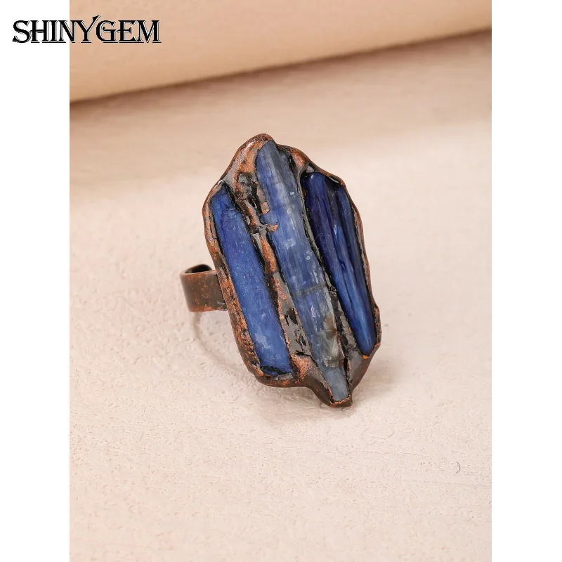 SHINYGEM Blue Crystal Raw Stone Irregular Triple Combination Electroplated Antique Bronze Adjustable Gemstone Fashion Ring