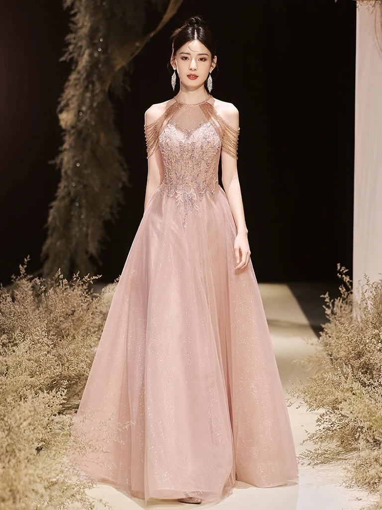 

Elegant Cocktail Dresses Off the Shoulder Beading Tassel Applique Backless Applique Tulle Pink Celebrity Evening Gowns 2024