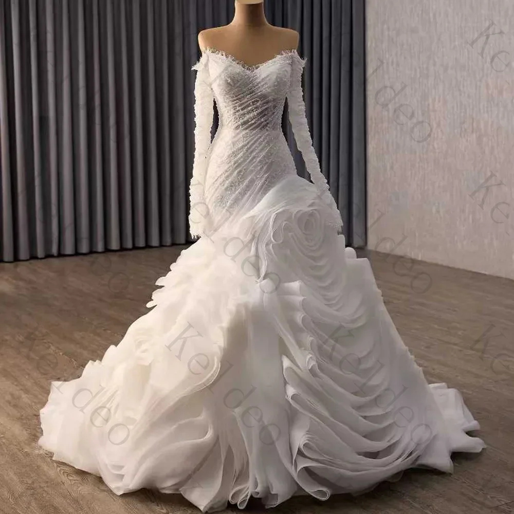 Customized Sweetheart Sheath Long Sleeve Wedding Dresses Ruffles Lace-Up Back Lace Appliques Open Back Floor Length Bridal Gowns