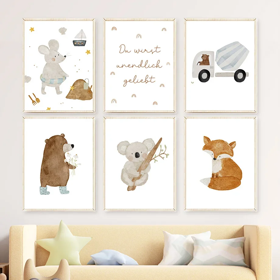 

Boho Cartoon Animal Posters Print - Bear Truck Fox Mouse Koala Bee Quotes Canvas Art for Nursery Kids Room Home Decor