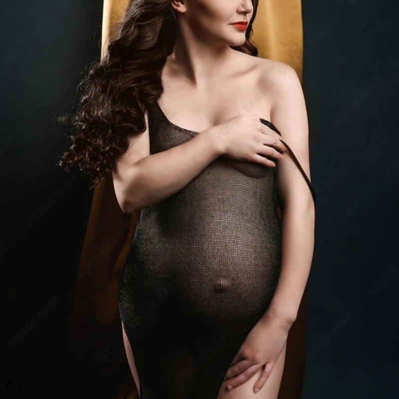

Maternity Photography Dress Bohemian Sexy Mesh Pregnancy V Neck Sides Slit Suspender Dress Knitted Photo Shoot Dresses