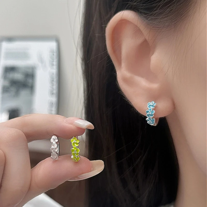 

925 Sterling Silver Minimalist Chic Enamel Flower Hoop Earrings for Women Cute Plant Fine Jewelry Accessories in Summer