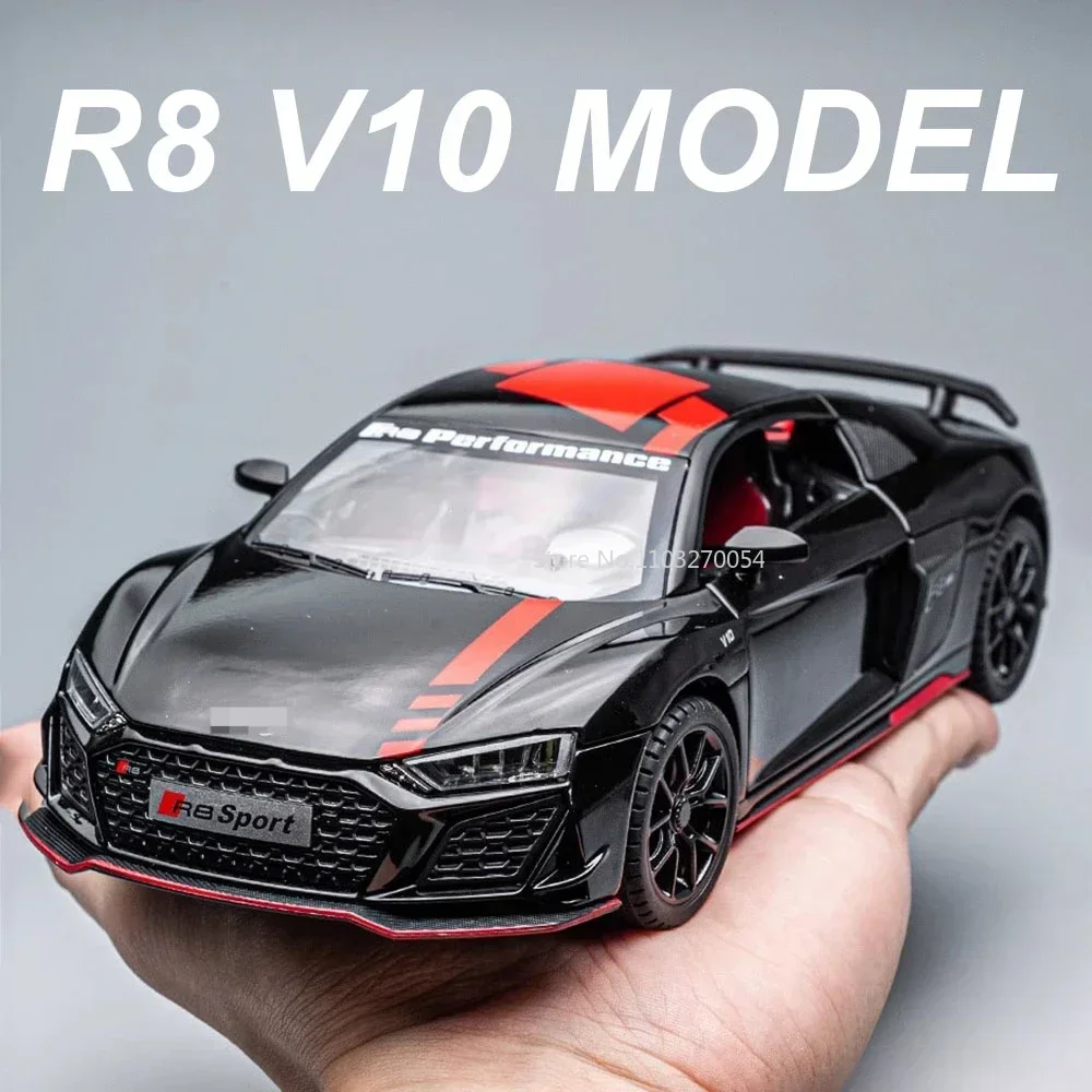 

1:24 AUDI R8 V10, литой под давлением, игрушки из металлического сплава, модель автомобиля, двери, открытый звук, свет, откат, миниатюрный спортивный автомобиль, детские рождественские подарки