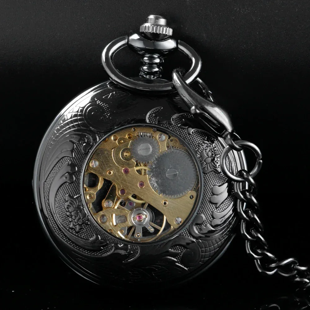 Black Mechanical Pocket Watch Men Antique Style Gift Pocket Chain Timepiece Roman Numerals Dial Display Vintage Watch Male