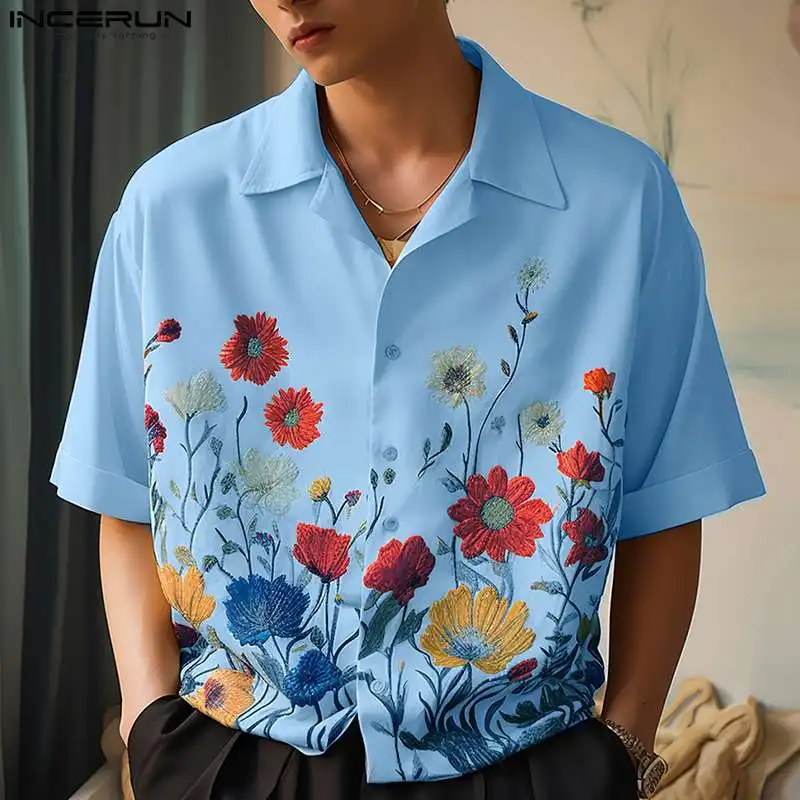 INCERUN Tops 2024 Korean Style New Men Personalized Floral Print Pattern Design Shirts Casual Fashion Short Sleeved Blouse S-5XL