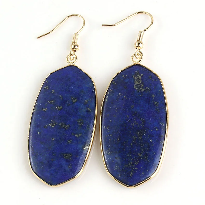 Light Yellow Gold Color Stone Earrings For Women Natural Blue Lapis Lazuli Stone Oval Drop Dangle Hook Earring Fashion Jewelry