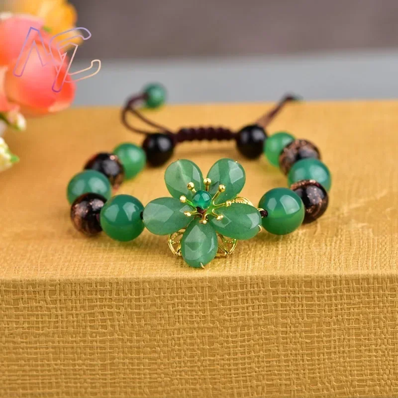 Natural Jade Agate Flower Bracelet  Hand Woven Bangle Design Young Girls Real Gemstone Fashion Jewelry Best Seller Holiday Gift