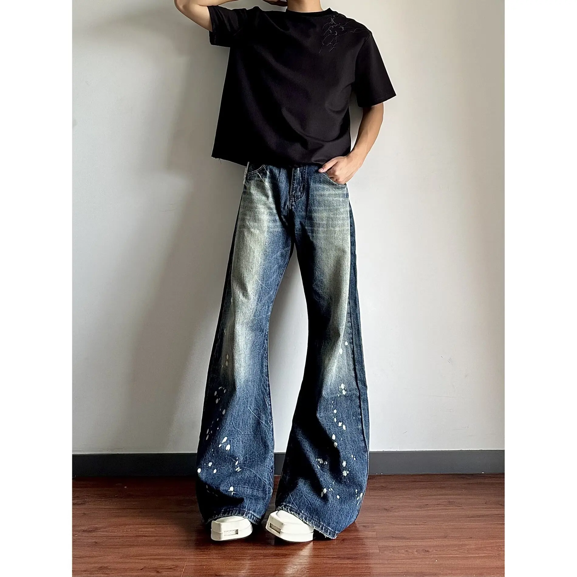

Loose Straight Leg Men's Jeans Blue Splaed Ink Bent Knife Micro Flared American High Street Autumn Faion Casual Trousers
