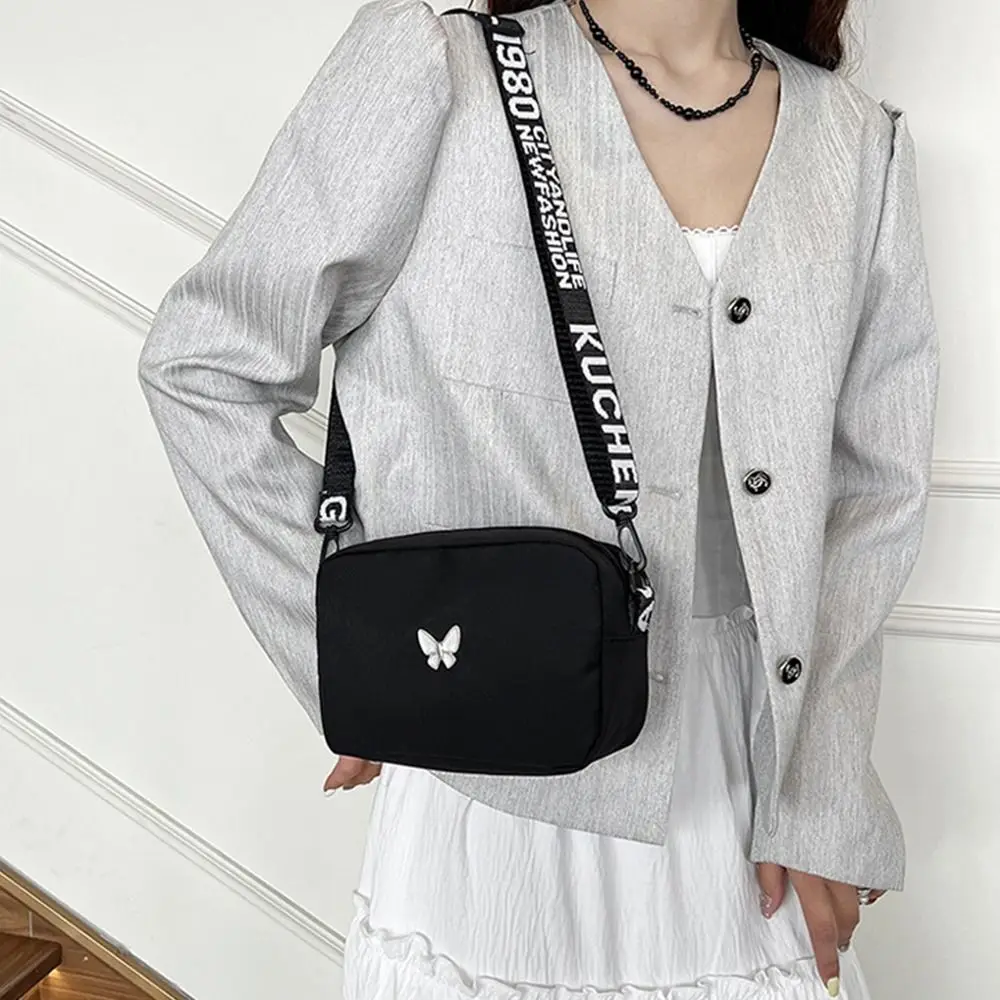 Black&white Shoulder Bag Durable Butterly Nylon Crossbody Bag Wide Belt Casual Mini Sqaure Bag