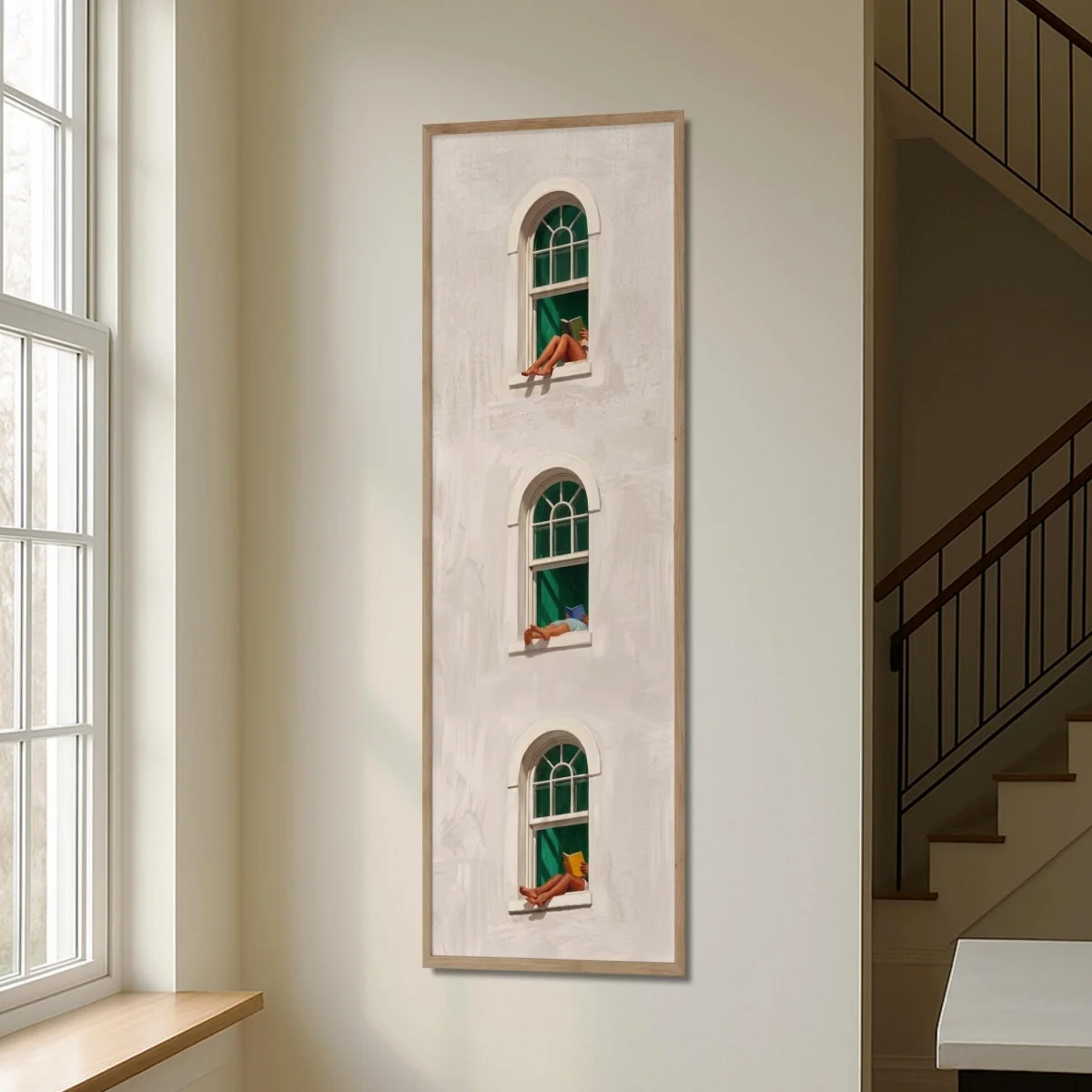 2D Flat Reading Books on Window Canvas Prints Poster Large Vertical Neutral Beige Woman Reading Art Prints Wall Art Home Decor
