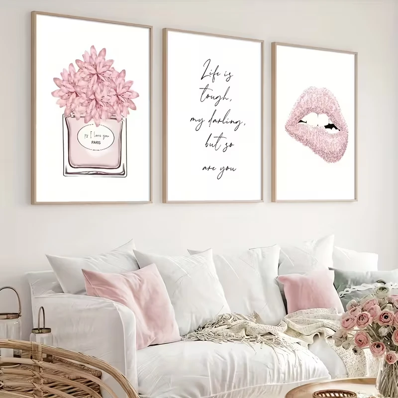 

3pcs Pink Lip Print Perfume Quote Fashion Poster Canvas Painting Female Decoration Simple Style Wall Art Trend Home Decoration