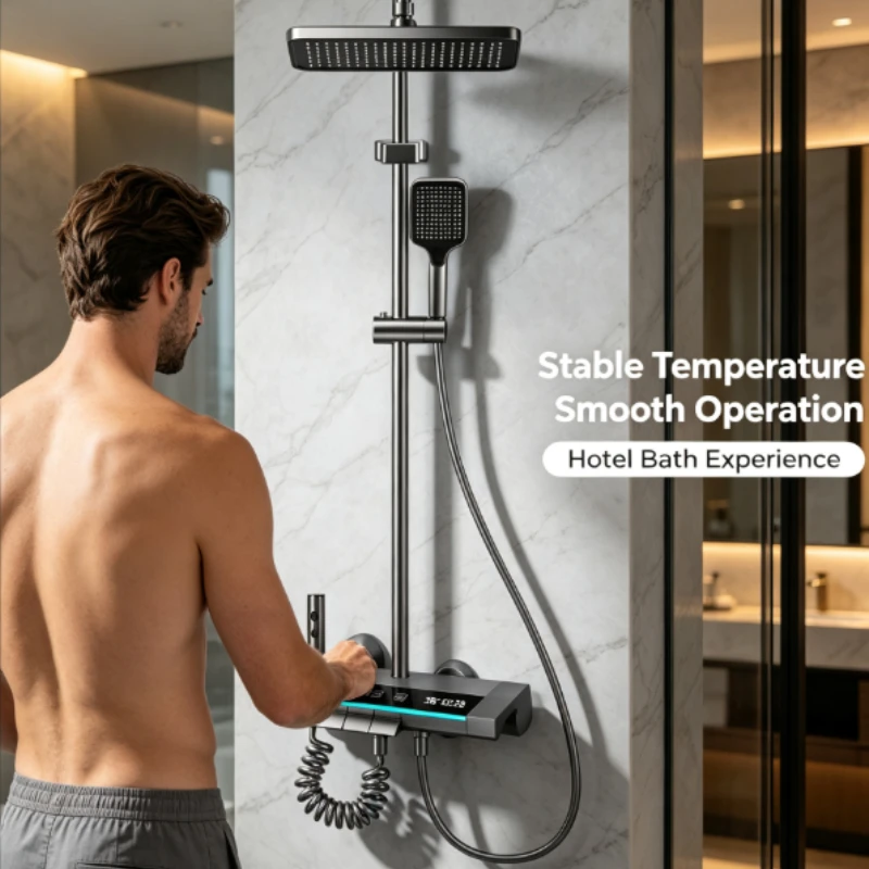 Thermostatic Shower System With Digital Display And Four Function Outlet For Bathroom Renovation