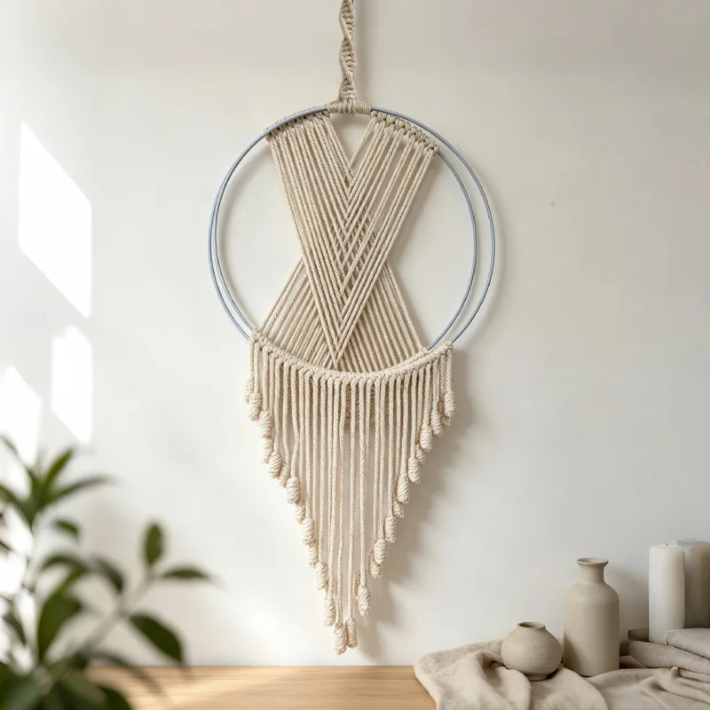 Handmade Cotton Rope Woven Tapestry Bohemian Style Circular Tassel Wall Decoration Wall Hanging.