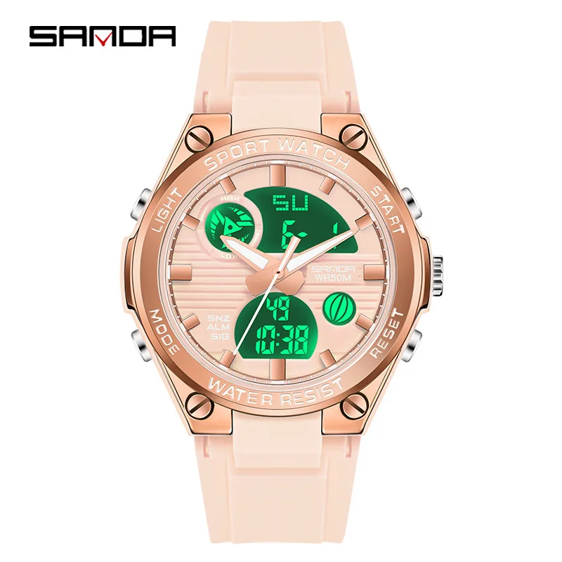 SANDA 6067 Women\'s Electronic Watch Fashion Creative Macaron Sports Luminous Chronograph Dual Display Silicone Ladies Watches