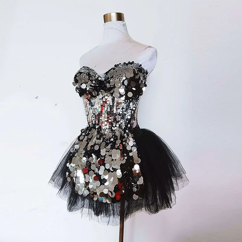 Drag Queen Dress Silver Sequins Ball Gown Singer Stage Costume Gogo Nightclub Performance Outfit Festival Party Dress Rave Wear