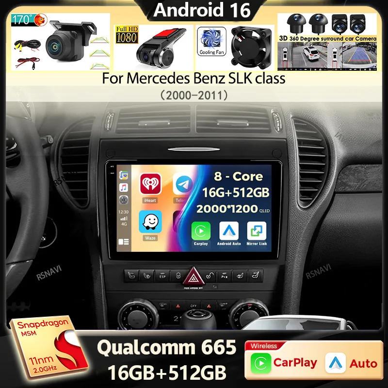 Qualcomm Android 16 Car Radio For Mercedes Benz SLK class R171 SLK200 SLK280 SLK300 2000-2011 GPS Navigation Player Stereo DSP