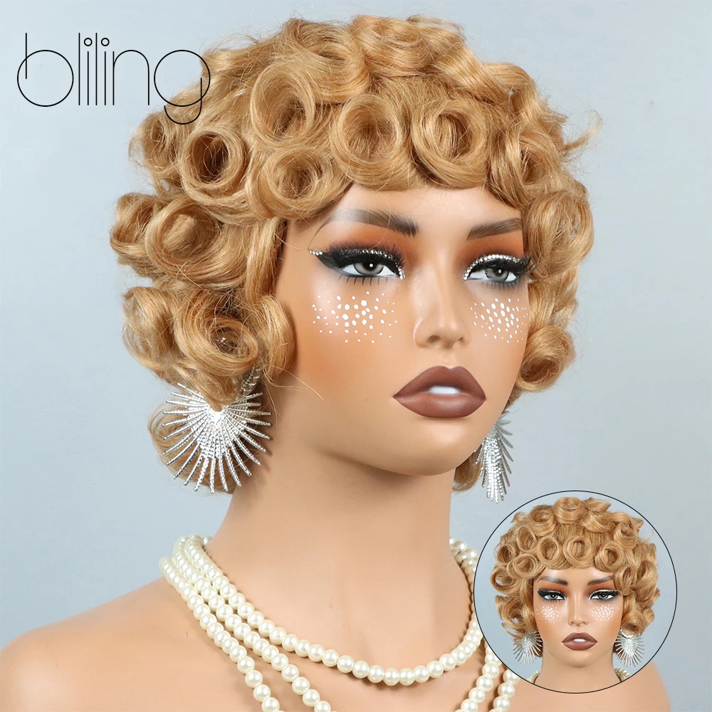 

Короткие кудрявые парики-пикси для чернокожих женщин, светло-коричневые, 100% натуральные человеческие волосы, готовые к ношению, без клея, с челкой.