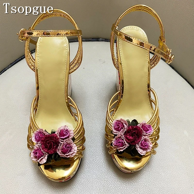 Gold Floral Wedge Heel Sandals Women Luxury 3D Rose Flower Ankle Strap Platform High Heels Party Wedding Dress Shoes view 4
