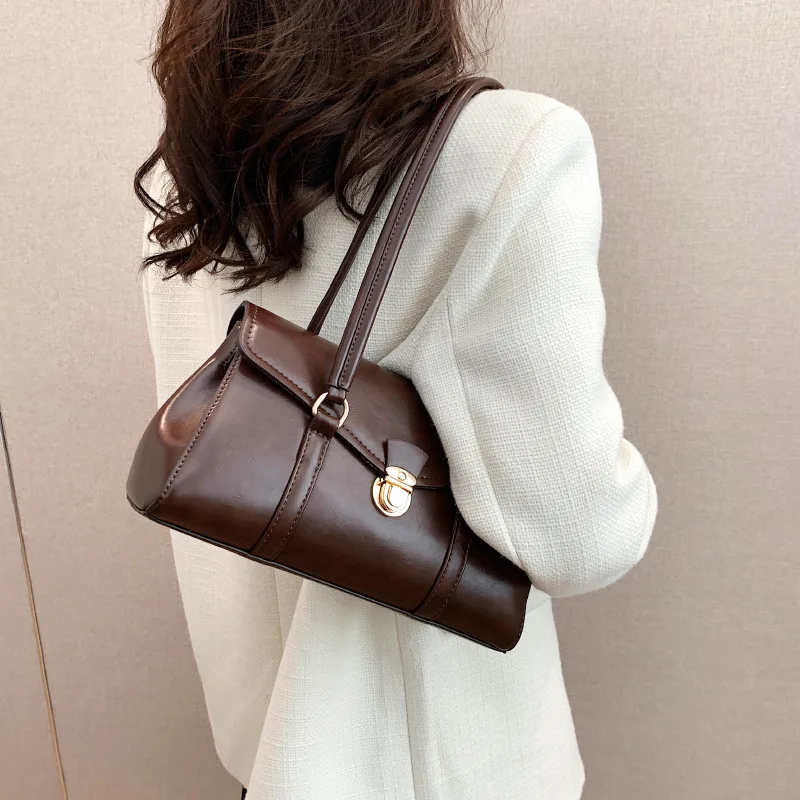 Classic Burgundy Women\'s Briefcase 2024 New Ladies Minimalist Lock Buckle Zipper Shoulder Bags Elegant Retro Commuting Handbag