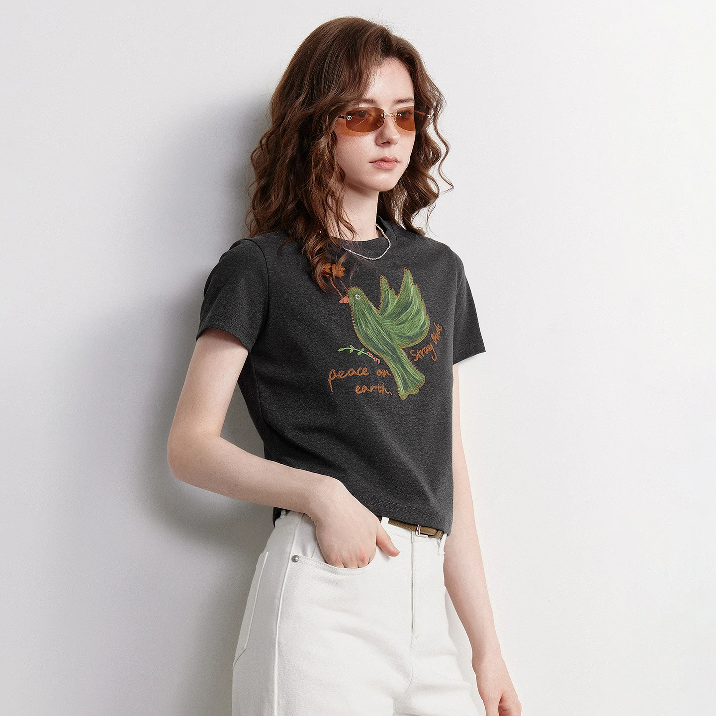 TOYOUTH Women T-shirt 2026 Summer New Cotton Short Fitting Flower Bird Print Short Sleeved Anti-aging Top