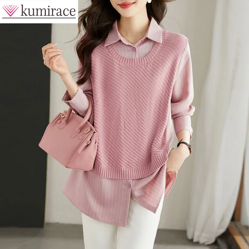 New Fashionable Loose Splicing Shirt for Women 2024 Spring Edition, Elegant and Gentle Style, Pink Fake Two Piece Knitted Shirt