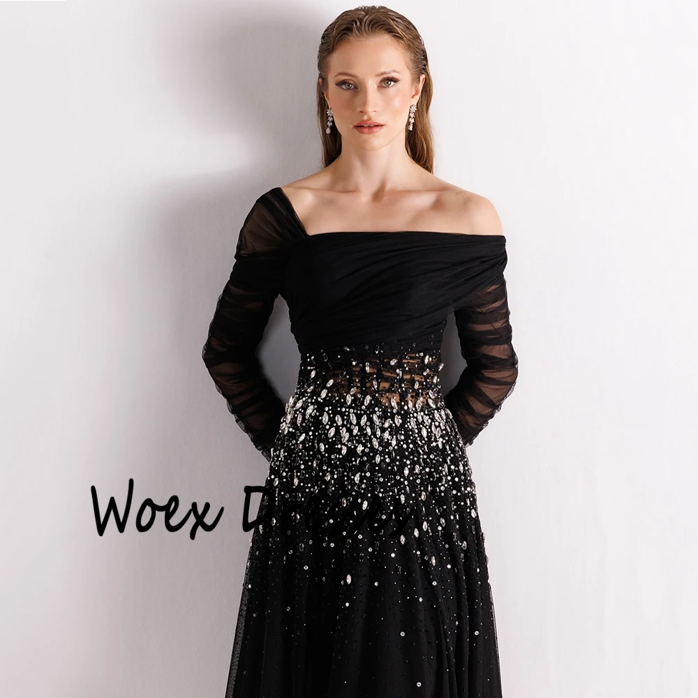 Customized Simple Black Boat Neck Tulle Evening Dress Full Sleeves With Crystal Party Dress A-line Floor Length Prom Gown image 3