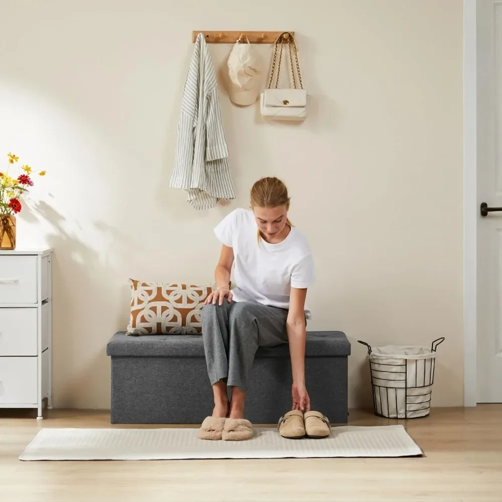 43 Inch Folding Storage Ottoman Bench, Holds Up To 660lb-Grey FootRest Stool with Padded Seat