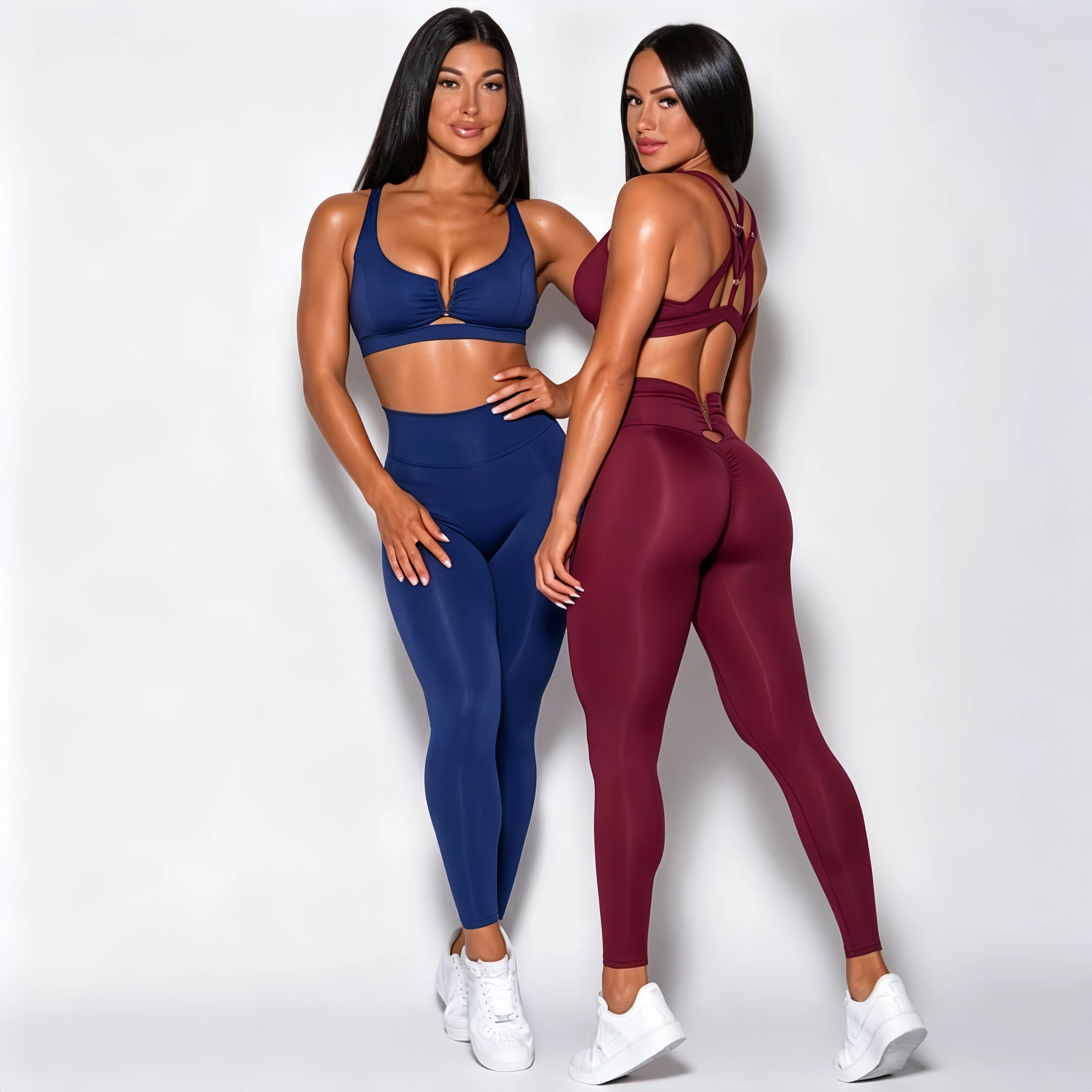 Women's Sexy V-neck Shockproof Yoga Sports Bra And Pants Set Gym Fitness Two Piece Running Outfit Gathered for Enhanced Comfort