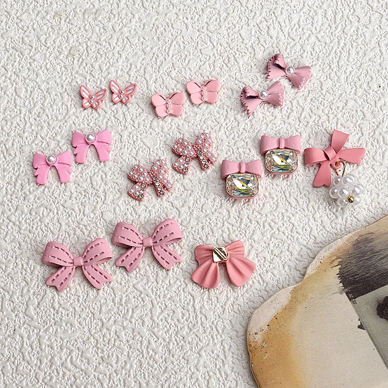 10pcs Sweety Pink Bow Knot Butterfly Nail Decoration Cute Matte Pearl Diamond Nail Charms DIY Manicure Accessories