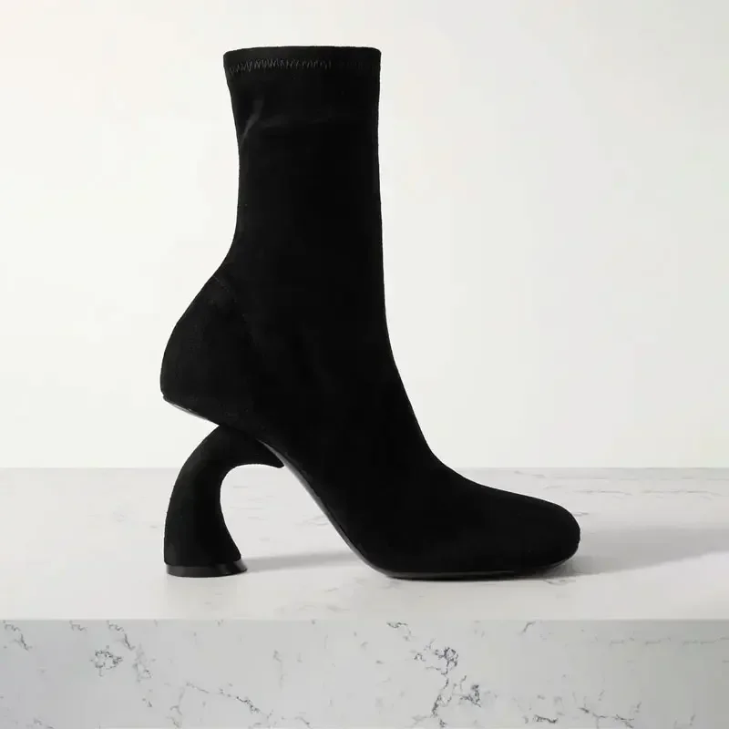 Autumn/Winter New Alien High Heels Women's Short Boots Fashion Round Head Side Zipper Black Women's Large Ankle Boots