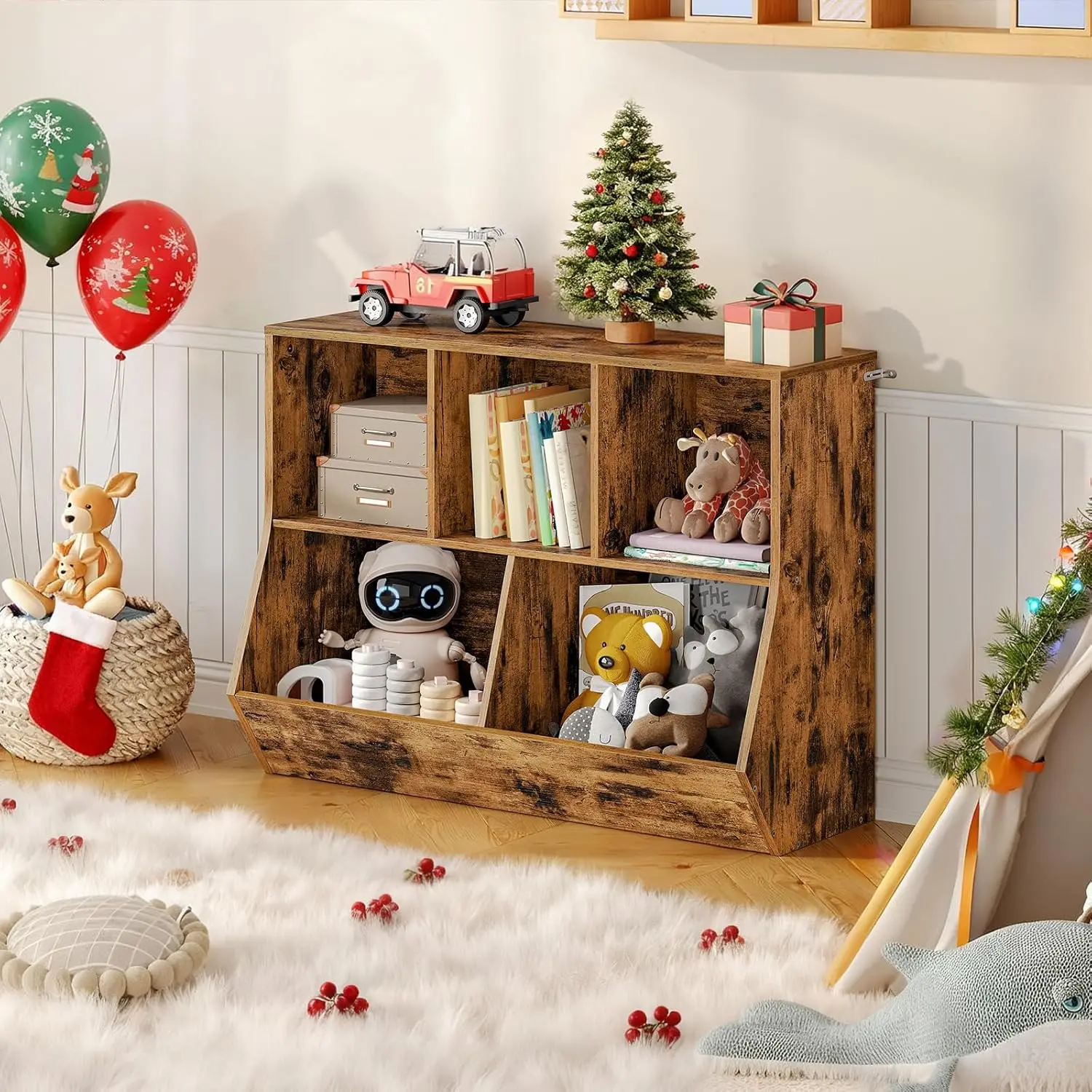 Kids Bookshelf with Toy Storage, 3 Open Compartments & 2 Tiltable Bins, Rustic Brown for Children's Room