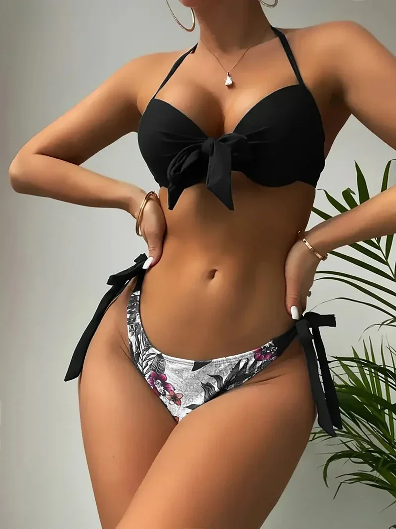 New European and American Bikini Steel Tray Gathers Sexy Swimsuit with Neck Strap Bikini Amazon Foreign Trade Swimsuit