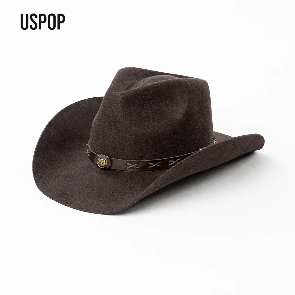 USPOP Fashion Casual Wool Cowboy Hat with Metal Buckle Belt Wide Brim Floppy Fedora Outdoor Travel Warm Felt Hat in Two Sizes