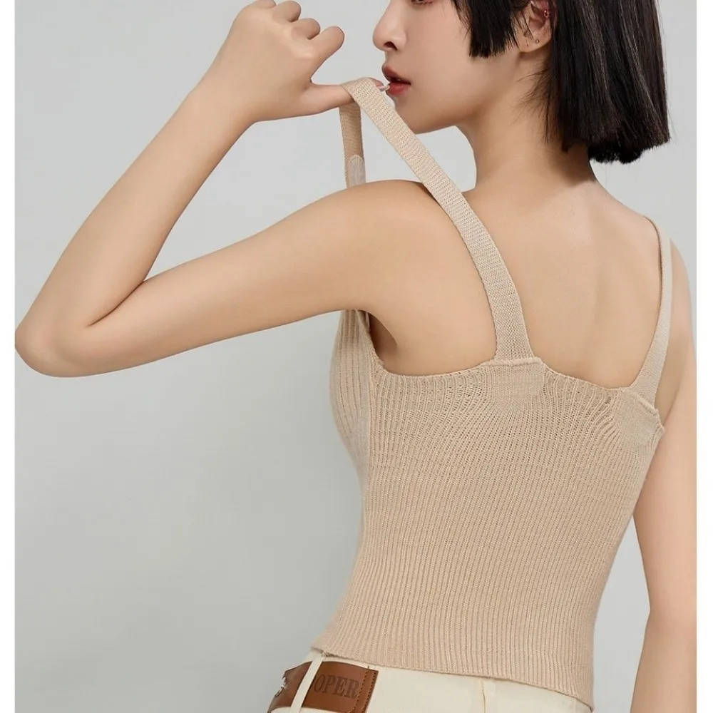 V-Neck Design Thermal Underwear Vest Chest Pad Heat-Generating Knitted Wool Vest One-Piece Cup Strap Style Slimming Inner Wear