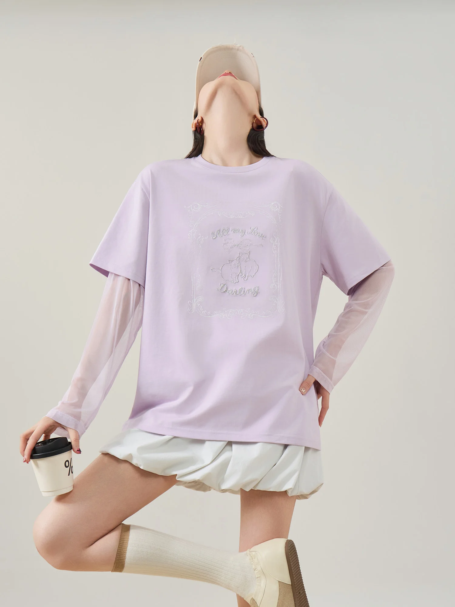 

Светло-фиолетовая женская футболка с вышивкой и принтом, тонкая, свободного кроя, универсальная, с длинным рукавом, в корейском стиле