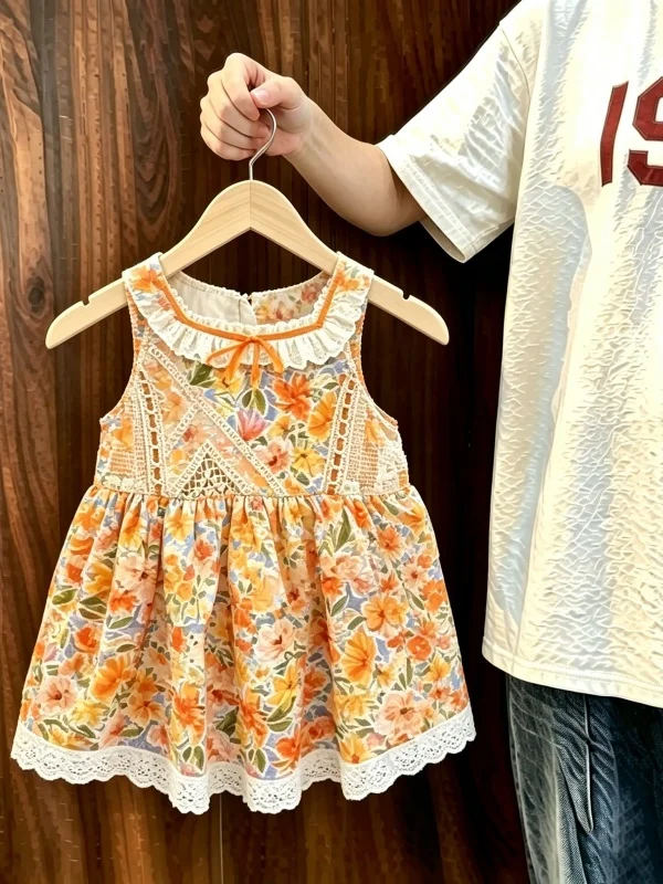 Vestido Sem Mangas com Estampa Floral para Meninas, Novo Estilo Casual de Verão, Vestido Fofo para Crianças, Algodão Macio, Baixa Elasticidade, Corte 