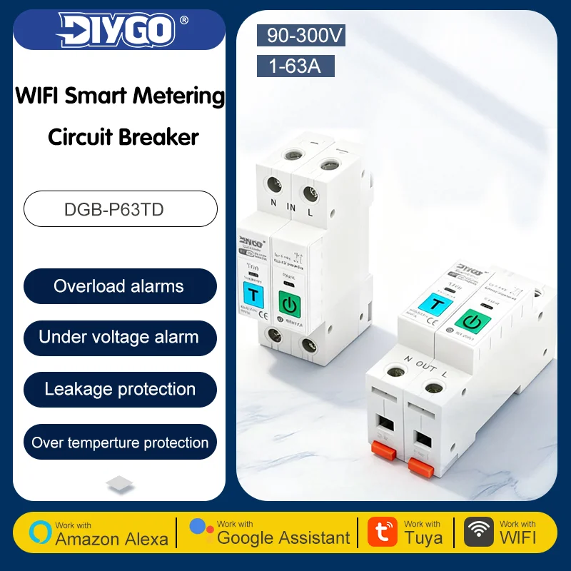 

2P Smart Switch WIFI Remote Control Circuit Breaker Real-time Timer Energy Voltage Current Meter Protector 1-63A Adjustable