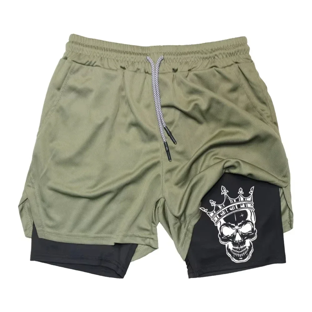 2025 Neue Herren-Fitness-Training Skinny-Shorts mit Dämonenmuster, Sommer, 2-in-1, schnell trocknend, für Fitnessstudio, Strand, Jogging-Shorts, Outdoor-Sportbekleidung