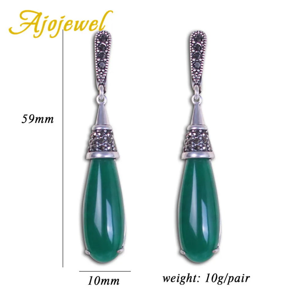 Ajojewel Green Stone Vintage Earrings Woman Old Style Silver-color Hollow Design Ear Drops With 925 Mark