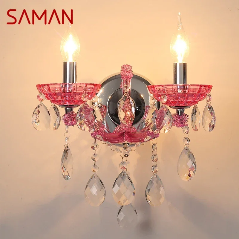 

SAMAN European Style Crystal Wall Lamp Pink Girls' Room Candle Lamp Luxurious Living Room Restaurant Bedroom Villa