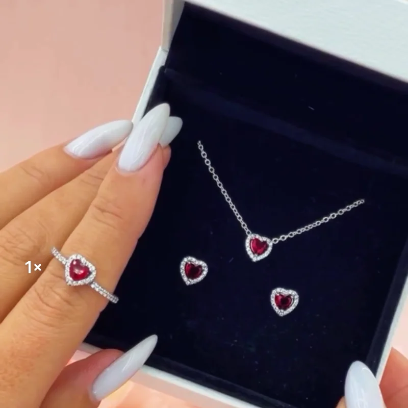 Nuovo anello a forma di cuore in argento sterling 925 con zirconi rossi, orecchini, collana, design aderente, temperamento, set di gioielli da donna regalo