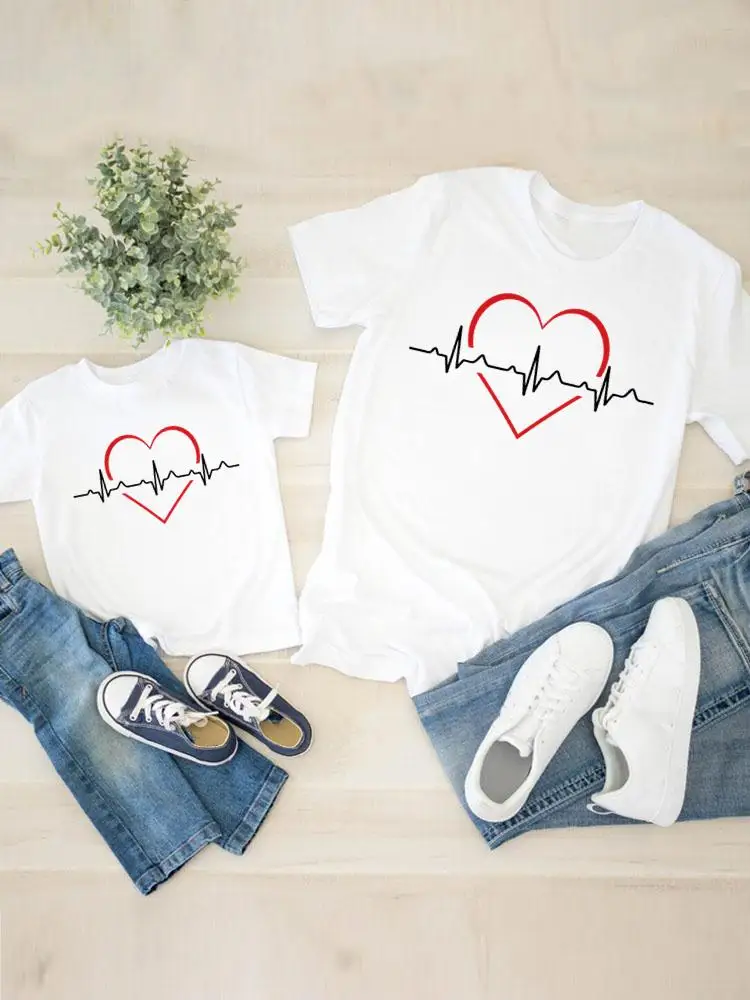 

Women Kid Child Summer Mom Mama Girl Mother T Tee T-shirt Clothes O-neck Heartbeat Love 90s Clothing Family Matching Outfits