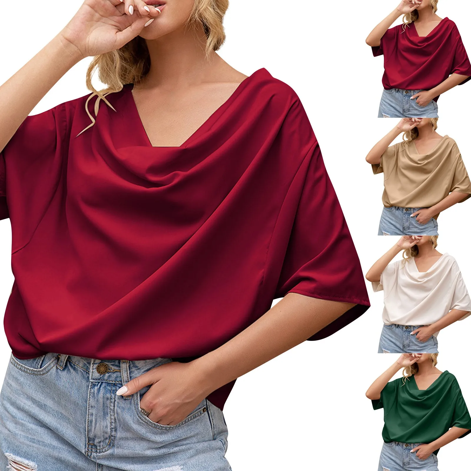 Ladies Casual Tops 2024 Summer Classy Fashion Sexy Elbow Sleeve Shirt Radiant Pleated Solid Color V-Neck Loose Top Camisetas