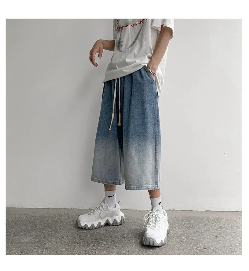 

Gradient denim capri pants men fashion ins high street port wind wide leg pants straight leg loose with seven points eight pants