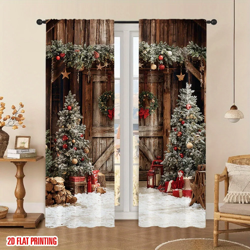 2pcs Christmas Barn Door Curtains, Farmhouse Style Red Green Golden Decor, Semi-Sheer Polyester Easy Install for Holiday Party