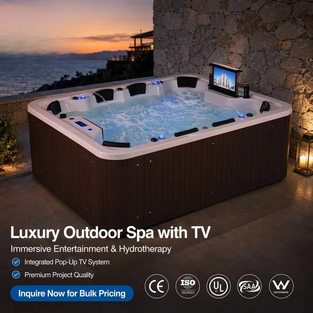 Freestanding Modern Premium Acrylic Bath With Whirlpool Massage, 42 Sprinklers, 60 + Gallon Capacity, Outdoor Spa Bath