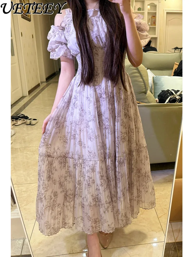 일본 달콤한 소녀 오프 숄더 프린트 서스펜더 드레스 하이 웨이스트 슬림 피팅 버블 반팔 플리츠 롱 드레스